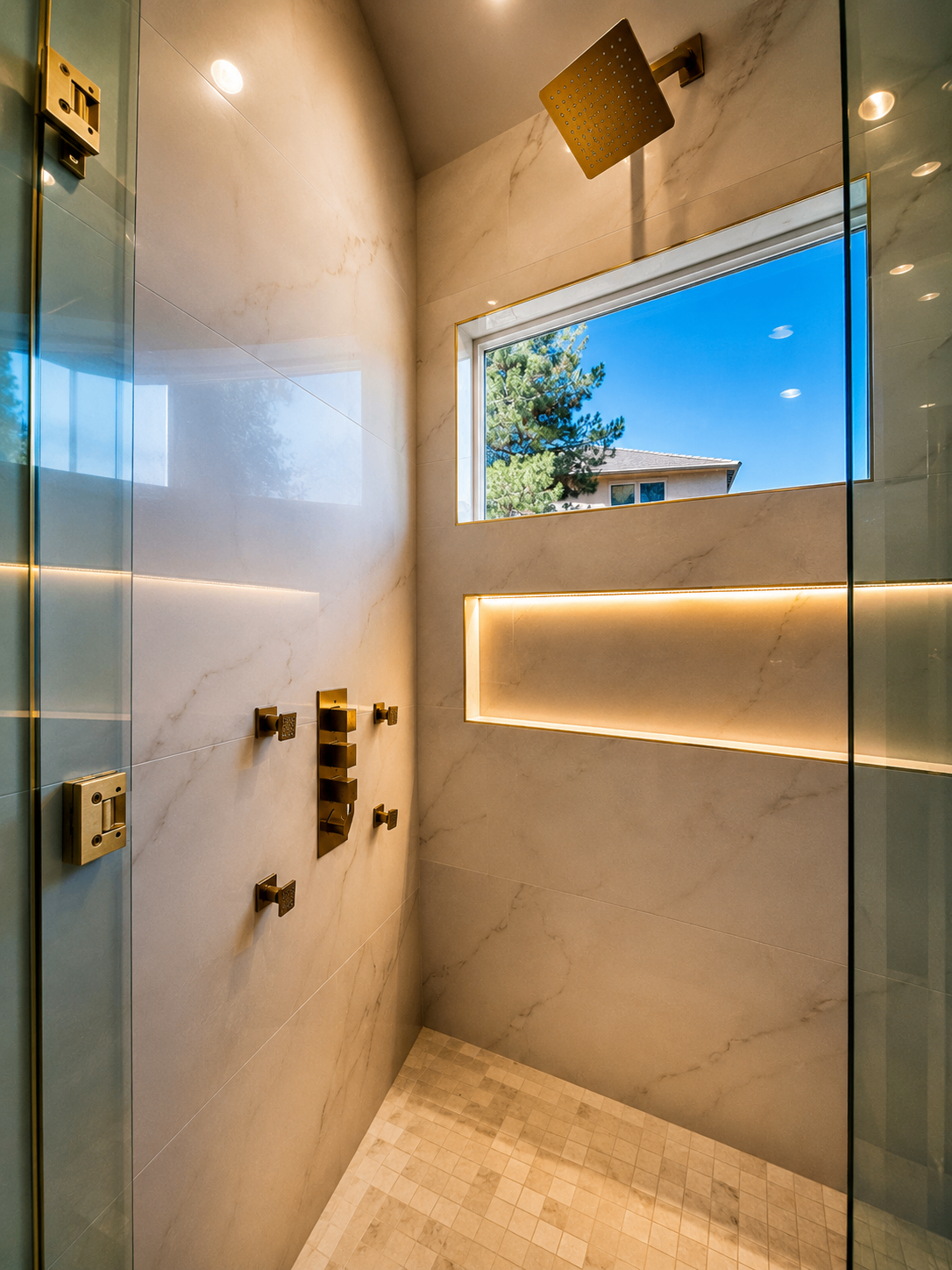 Rockwood shower detail with brass controls and lit recessed niche