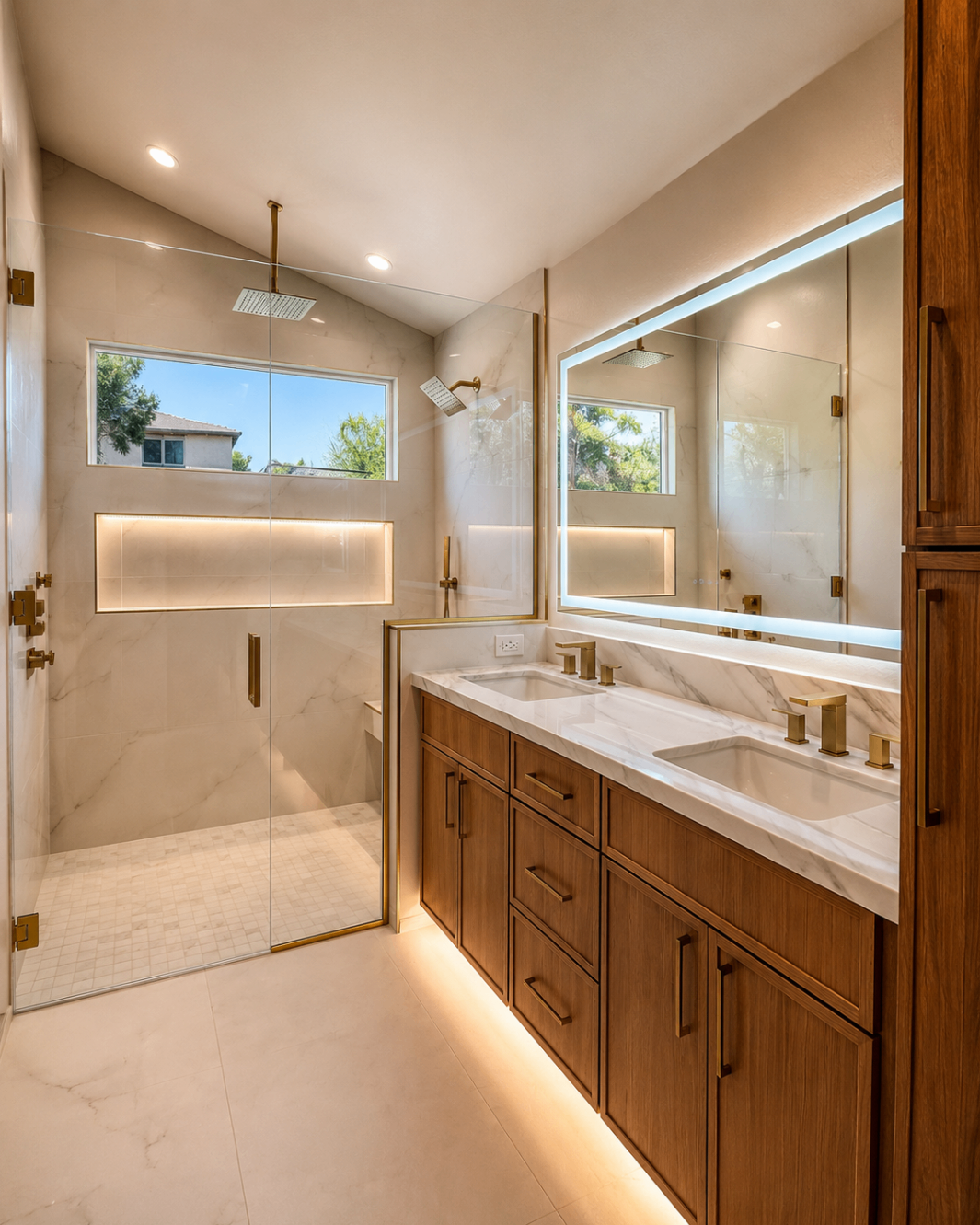 Rockwood primary bath with double vanity, illuminated mirror, and marble shower