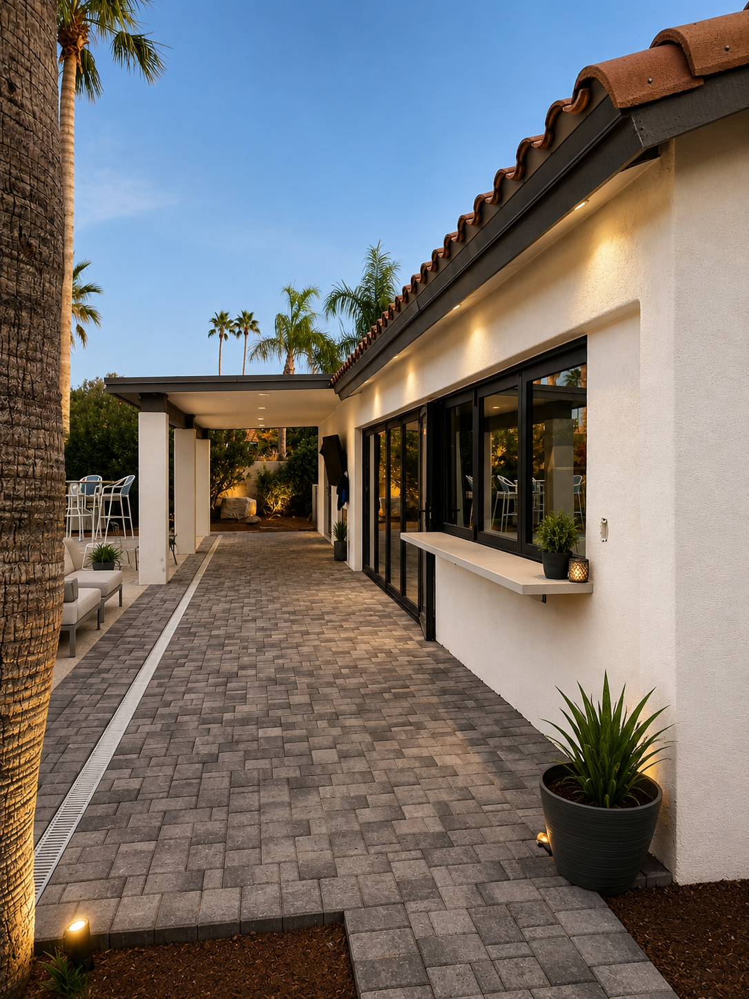 Caron Street, covered exterior walkway with black framed doors and evening lighting
