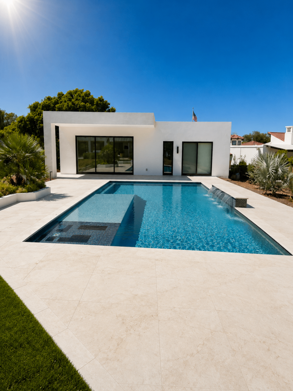 Camello, completed pool terrace facing the modern rear elevation