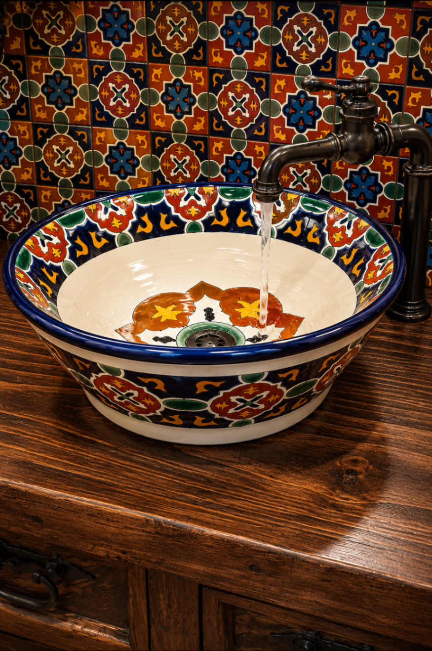 Monument, hand-painted Talavera vessel sink with oil-rubbed bronze faucet