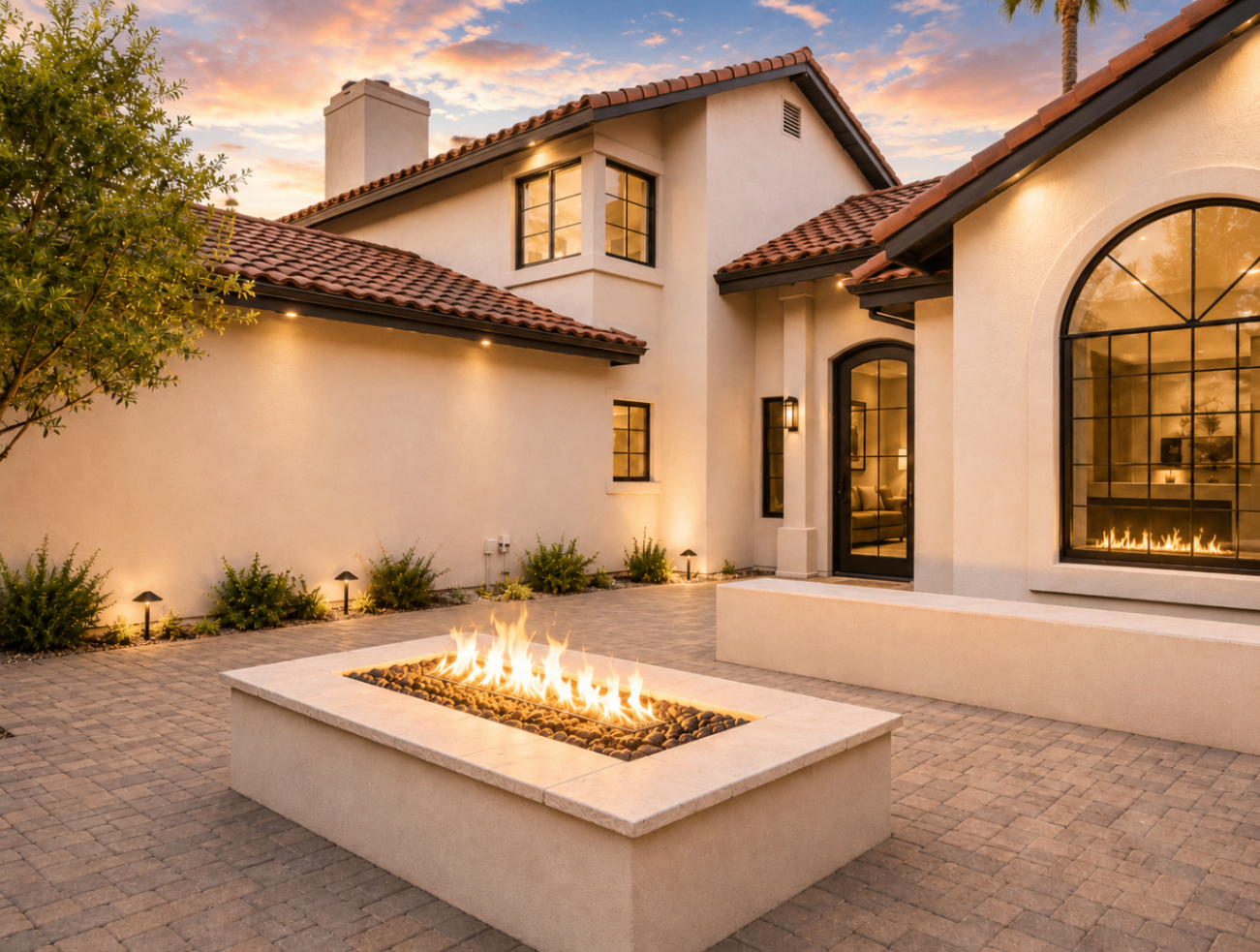 Caron Street, exterior courtyard with fire feature at sunset
