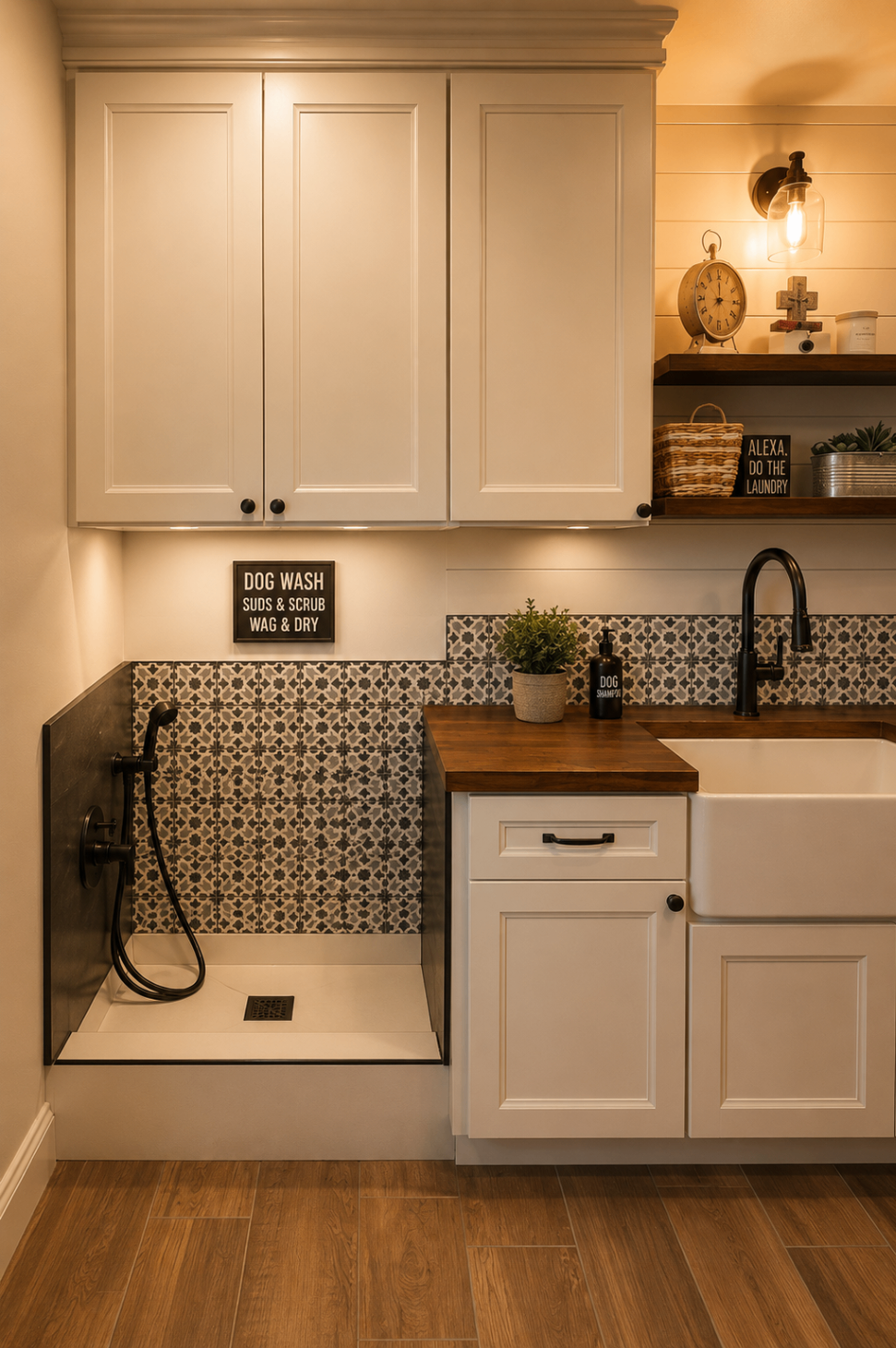 Joshua Tree 2 laundry room with built-in dog wash and patterned tile