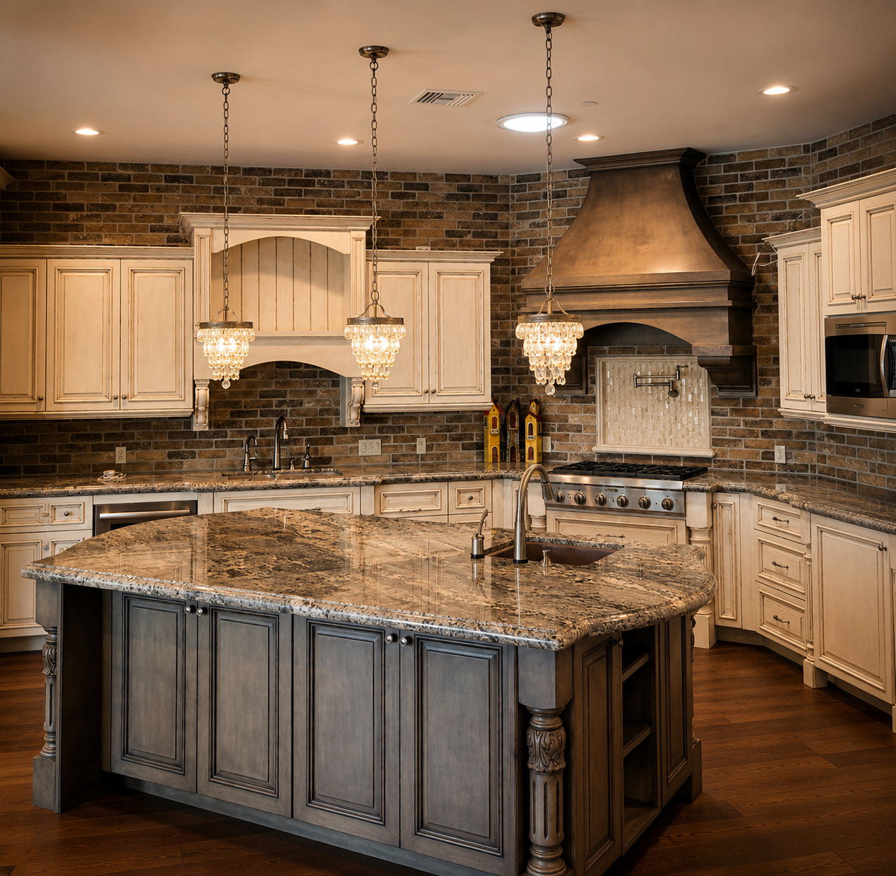 Dartmouth renovation, kitchen island with granite waterfall edge, crystal pendants, and copper range hood